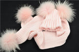 Chapeau-femme bonnet Rose Bonnet et Écharpe Double Pom Pom de fourrure, Bonnets Enfants d'hiver