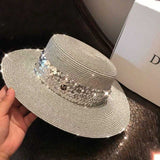 Chapeau-femme chapeau de paille Argent / 57cm chapeau M Léger tricot d'or et d'argent paillettes