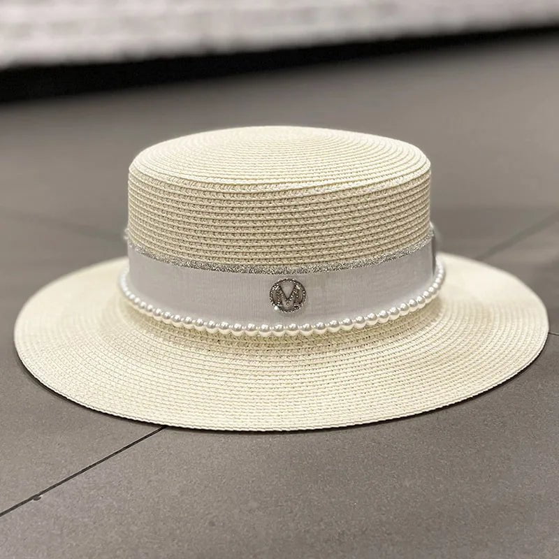 La boutique du chapeau Beige 1 / 56-58cm Chapeau de paille avec ruban et perle