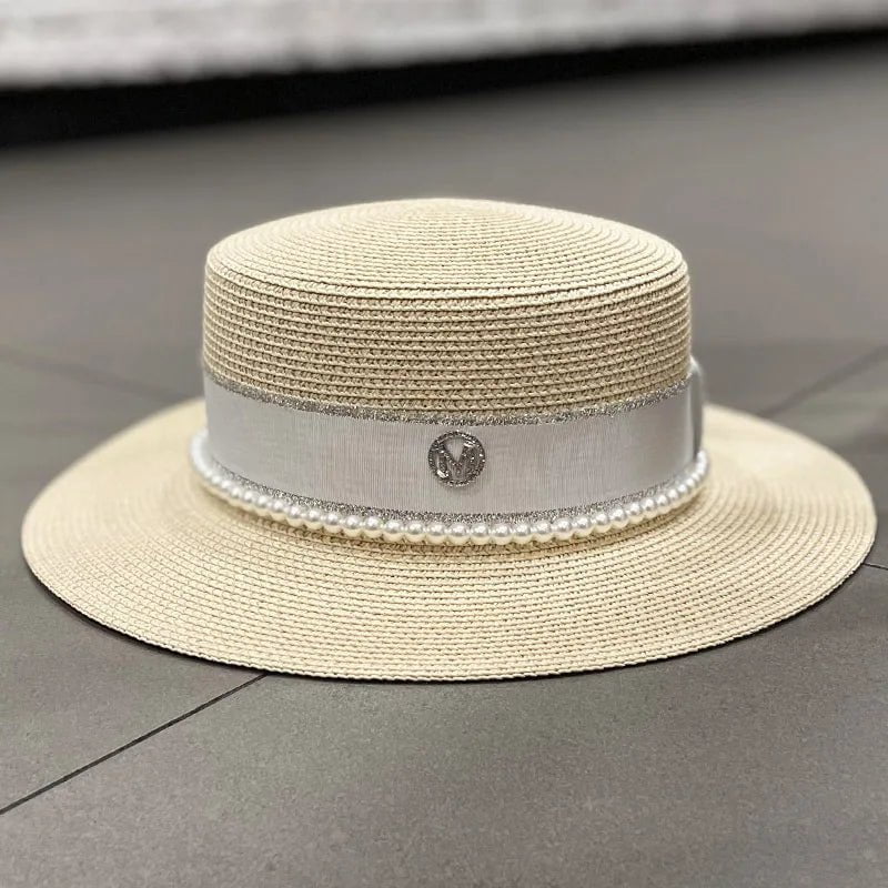 La boutique du chapeau Beige / 56-58cm Chapeau de paille avec ruban et perle