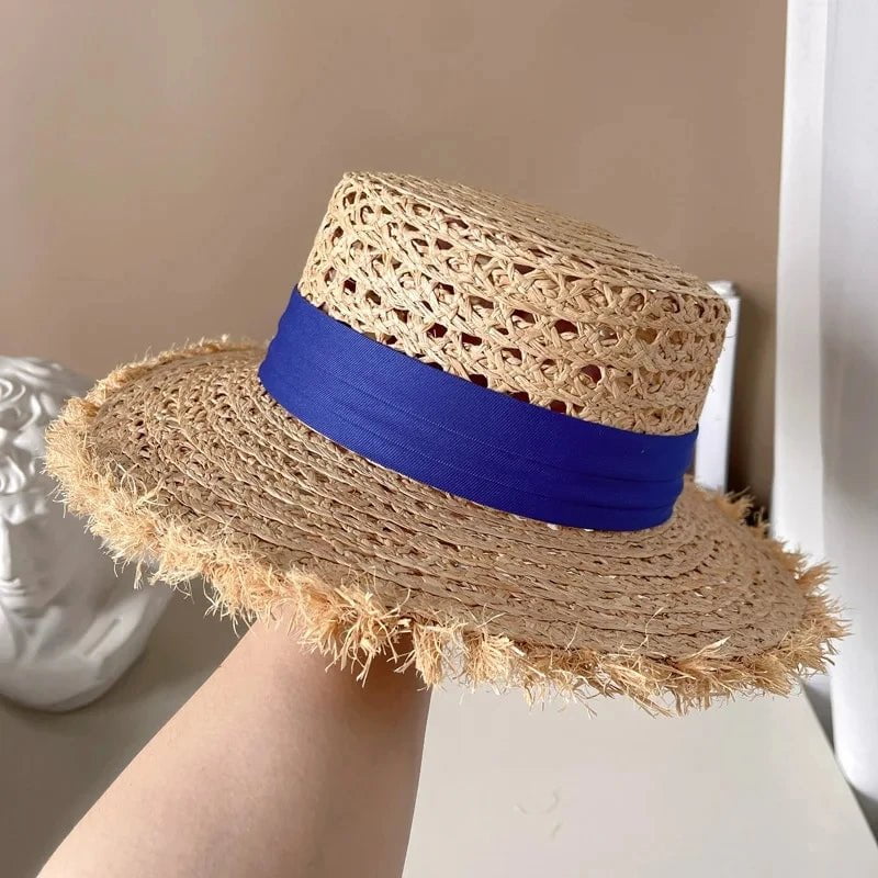 La boutique du chapeau Beige/bleu / M 55-58cm Chapeau de paille plat