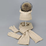 La boutique du chapeau Beige Ensemble 3 pièces avec pompon fourrure