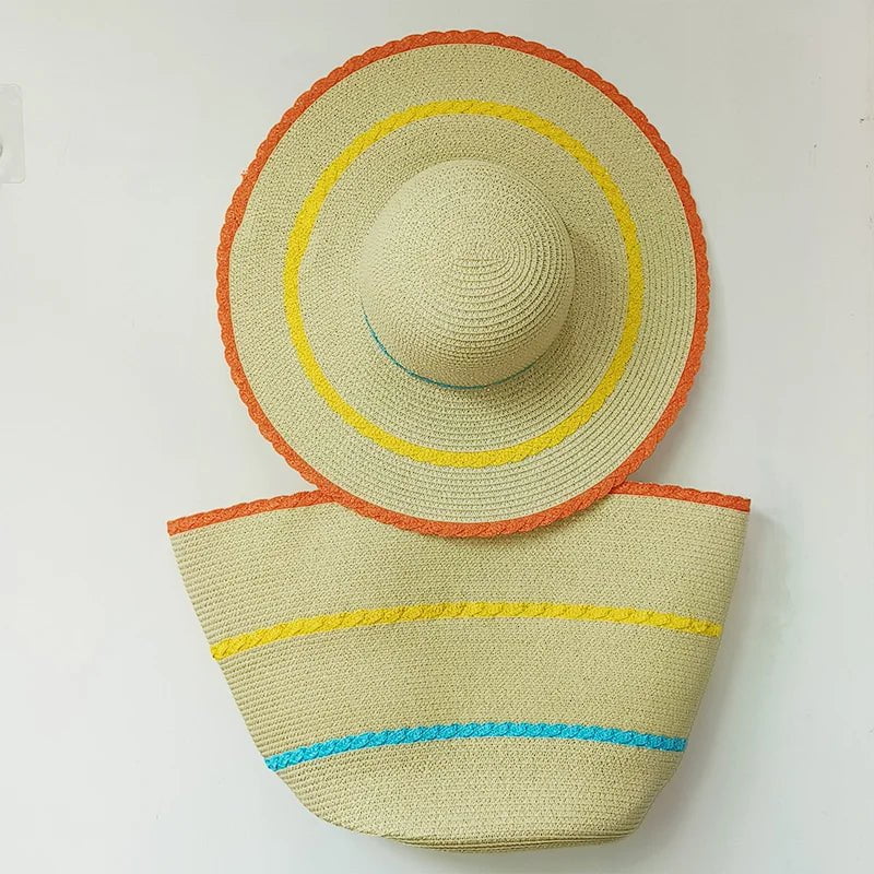 La boutique du chapeau Beige / M Chapeau de paille et sac de plage trois couleurs