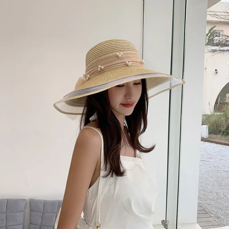 La boutique du chapeau Beige / M55-58cm Chapeau de paille perlé