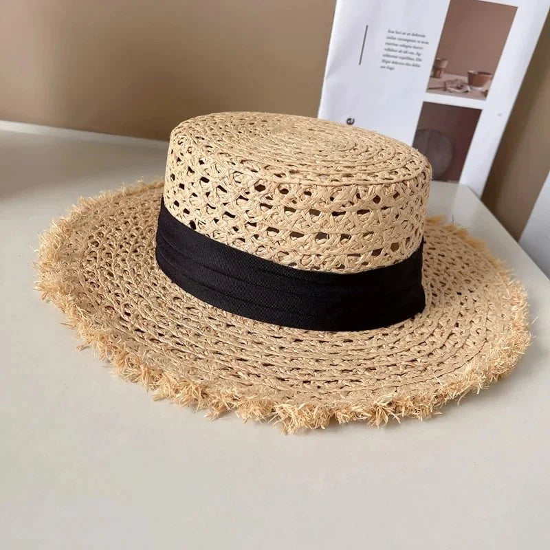 La boutique du chapeau Beige/noi / M 55-58cm Chapeau de paille plat