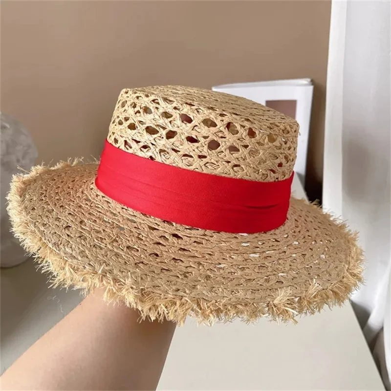 La boutique du chapeau Beige/rouge / M 55-58cm Chapeau de paille plat