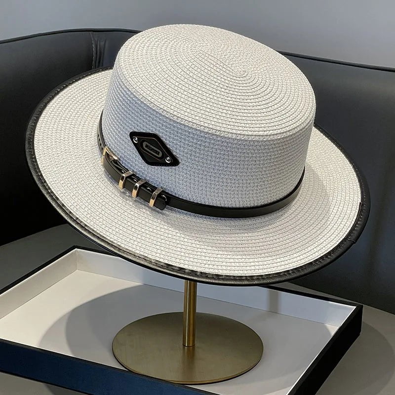 La boutique du chapeau Blanc / 55-58CM Chapeau en paille avec ceinture cuir