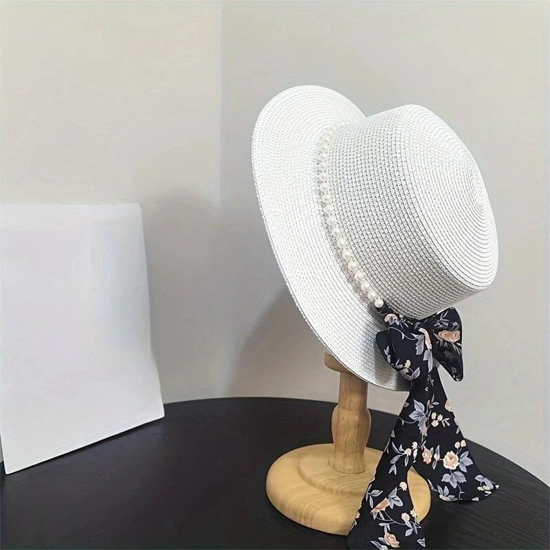 La boutique du chapeau Blanc / 55-59cm Chapeau de paille avec perle et ruban