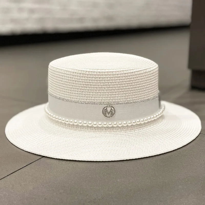 La boutique du chapeau Blanc / 56-58cm Chapeau de paille avec ruban et perle