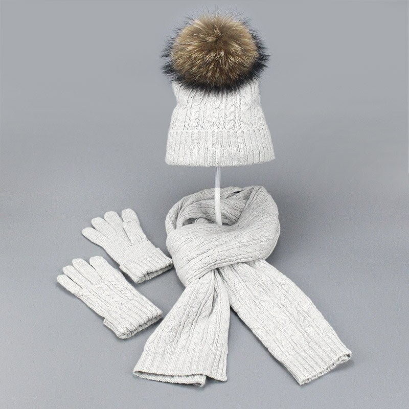 La boutique du chapeau Blanc Ensemble 3 pièces avec pompon fourrure