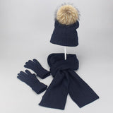 La boutique du chapeau Bleu marine Ensemble 3 pièces avec pompon fourrure