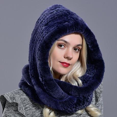 La boutique du chapeau bonnet Bleu marine Capuche écharpe en fourrure de lapin