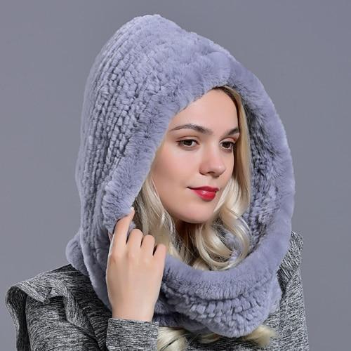 La boutique du chapeau bonnet Gris clair Capuche écharpe en fourrure de lapin