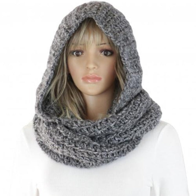 La boutique du chapeau chapeau d'hiver Gris Capuche écharpe tricoté chaud solide décontracté pour femmes