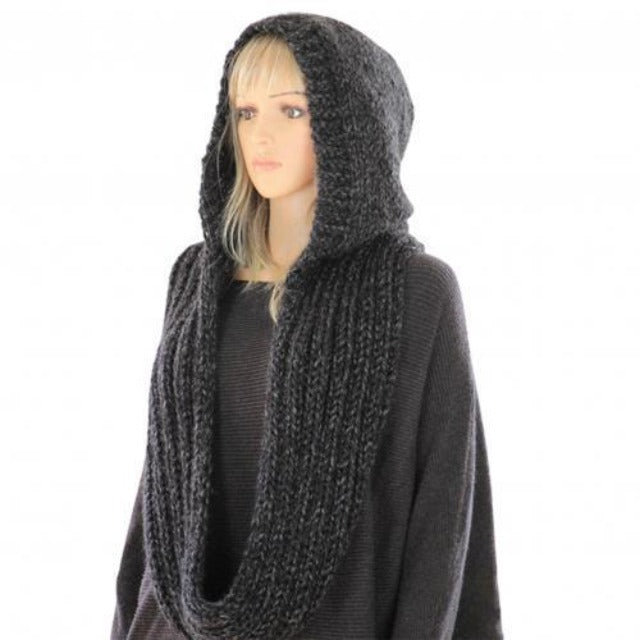 La boutique du chapeau chapeau d'hiver Noir Capuche écharpe tricoté chaud solide décontracté pour femmes