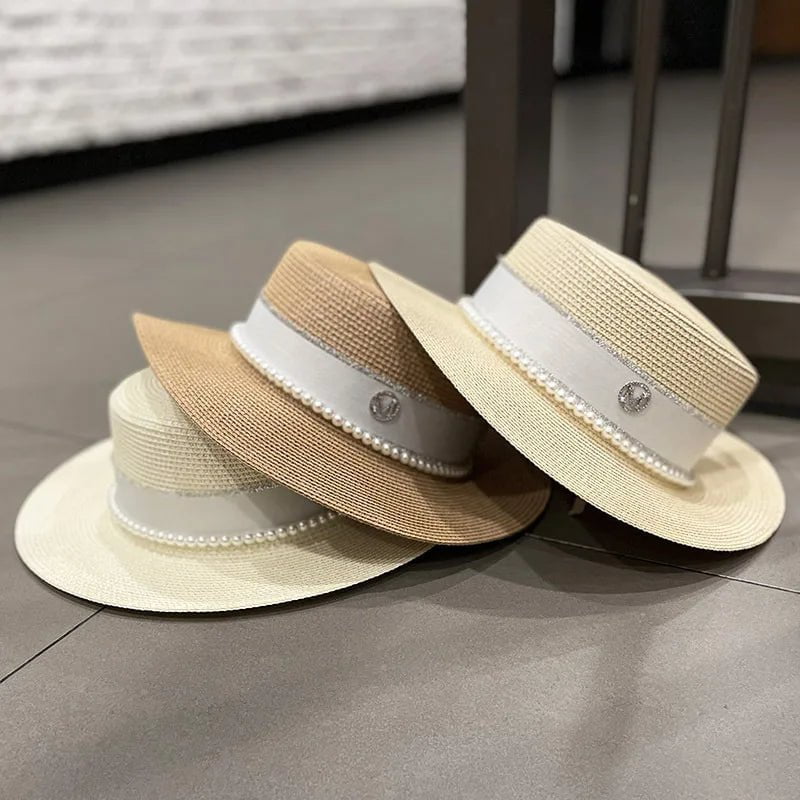 La boutique du chapeau Chapeau de paille avec ruban et perle