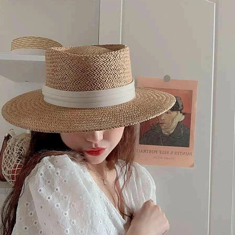 La boutique du chapeau Chapeau de paille rond ruban blanc