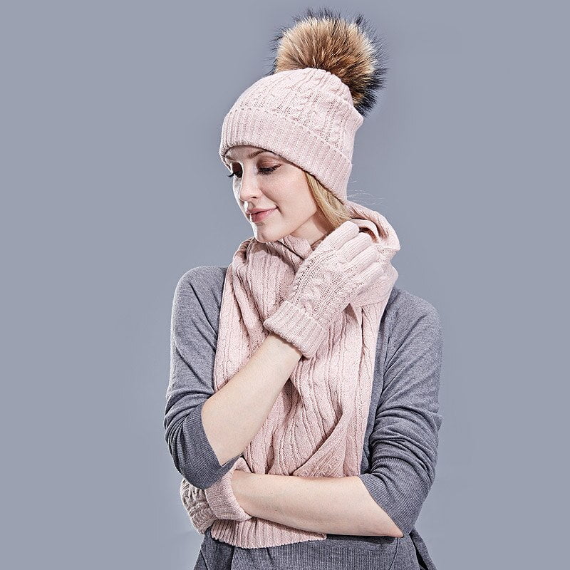 La boutique du chapeau Ensemble 3 pièces avec pompon fourrure