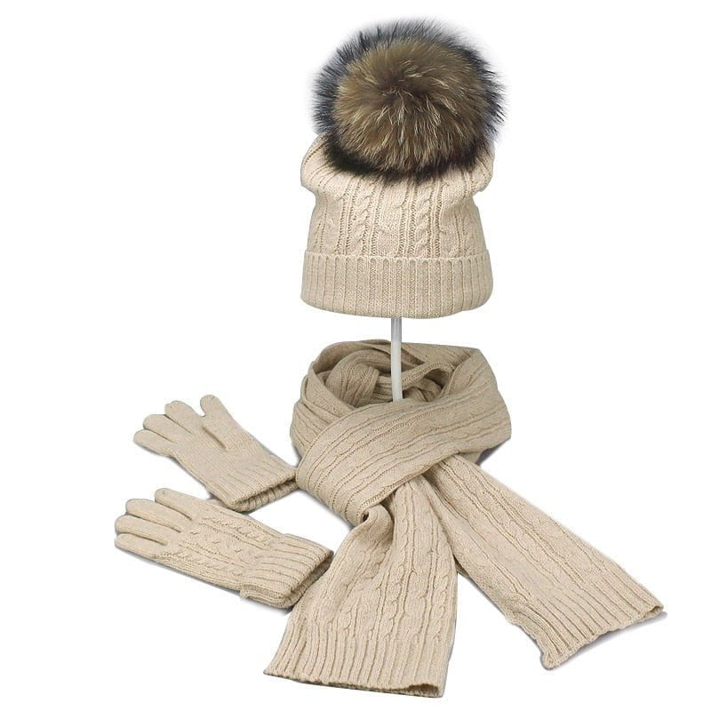 La boutique du chapeau Ensemble 3 pièces avec pompon fourrure