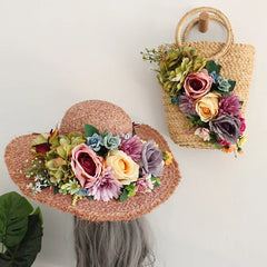 La boutique du chapeau Ensemble deux pièces Chapeau et sac de plage assortis avec fleurs