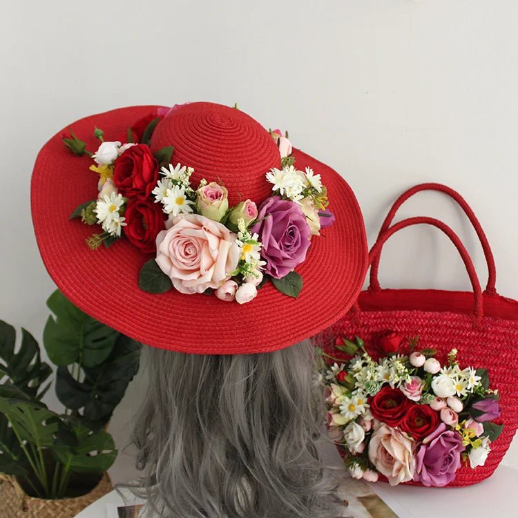 La boutique du chapeau Ensemble sac et chapeau rouge en rotin style bohème