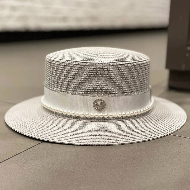 La boutique du chapeau Gris clair / 56-58cm Chapeau de paille avec ruban et perle