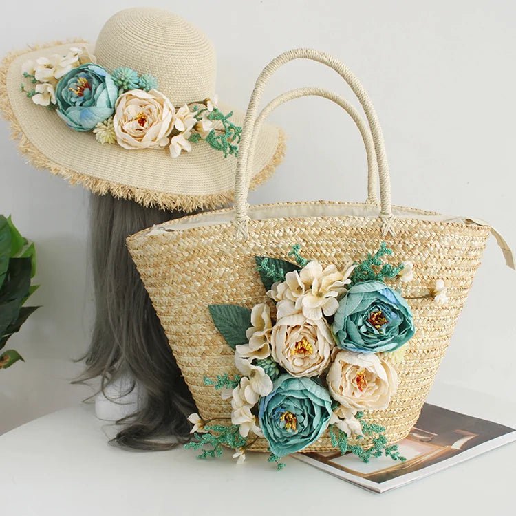 La boutique du chapeau Hat and Bag Sac de plage et chapeau en paille à fleurs pour femmes