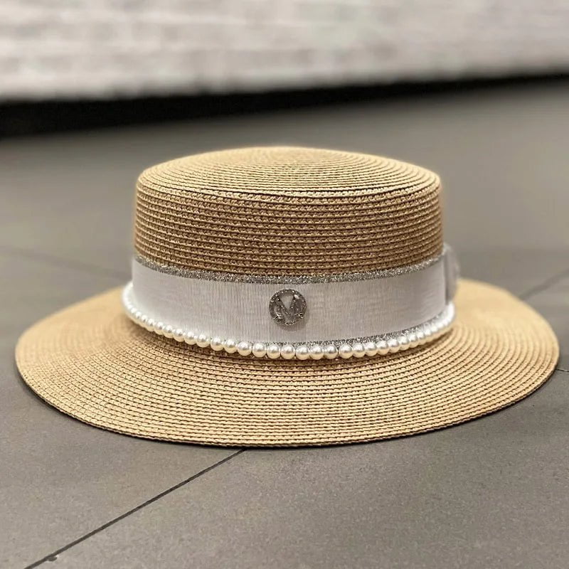 La boutique du chapeau Khaki / 56-58cm Chapeau de paille avec ruban et perle