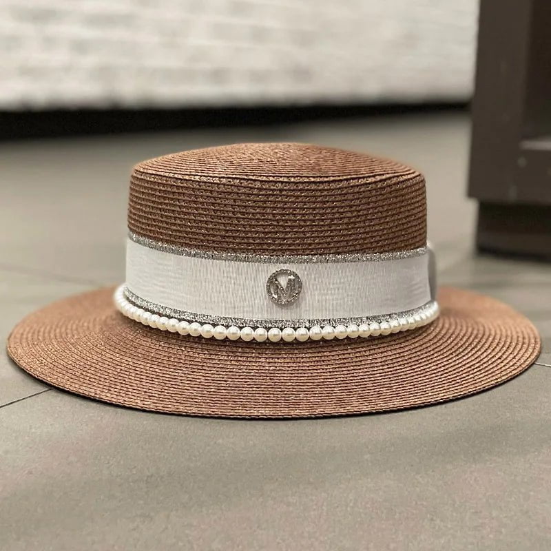 La boutique du chapeau Marron / 56-58cm Chapeau de paille avec ruban et perle