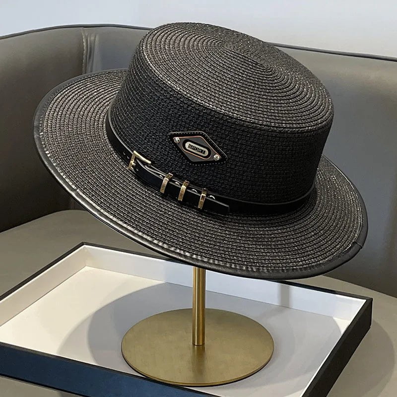 La boutique du chapeau Noir / 55-58CM Chapeau en paille avec ceinture cuir