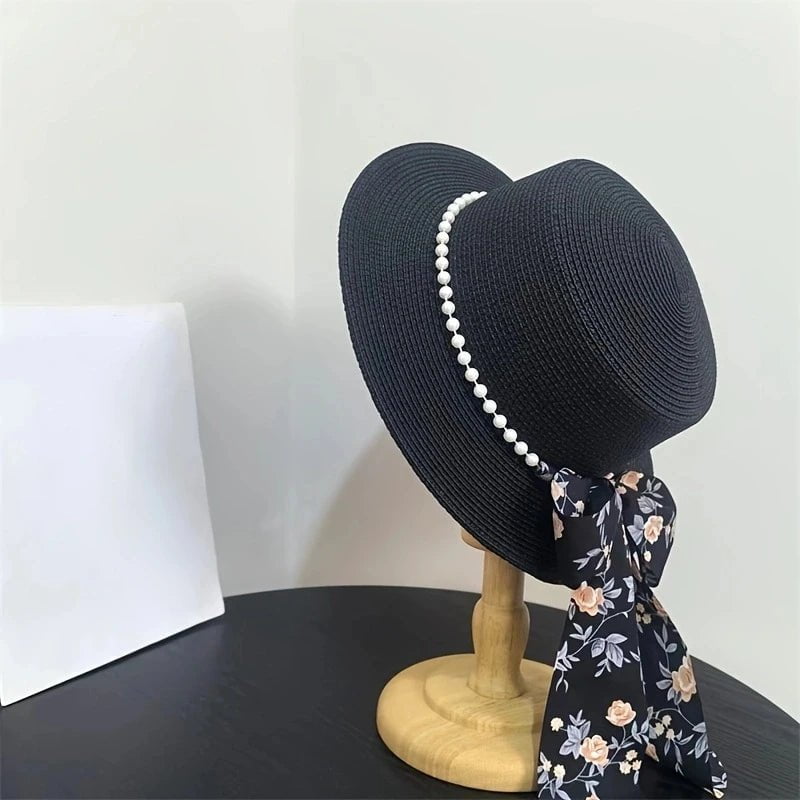 La boutique du chapeau Noir / 55-59cm Chapeau de paille avec perle et ruban