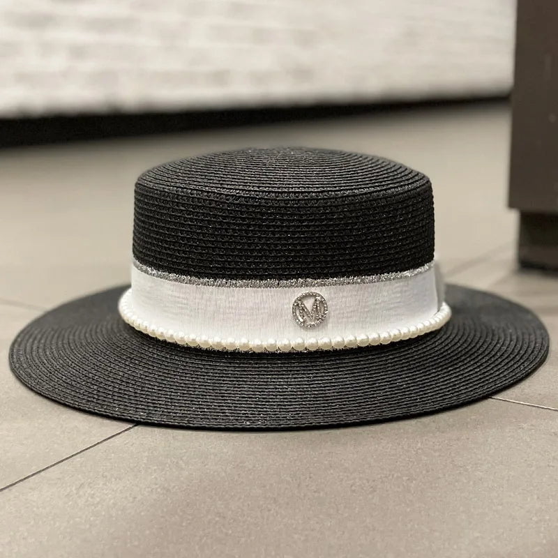 La boutique du chapeau Noir / 56-58cm Chapeau de paille avec ruban et perle