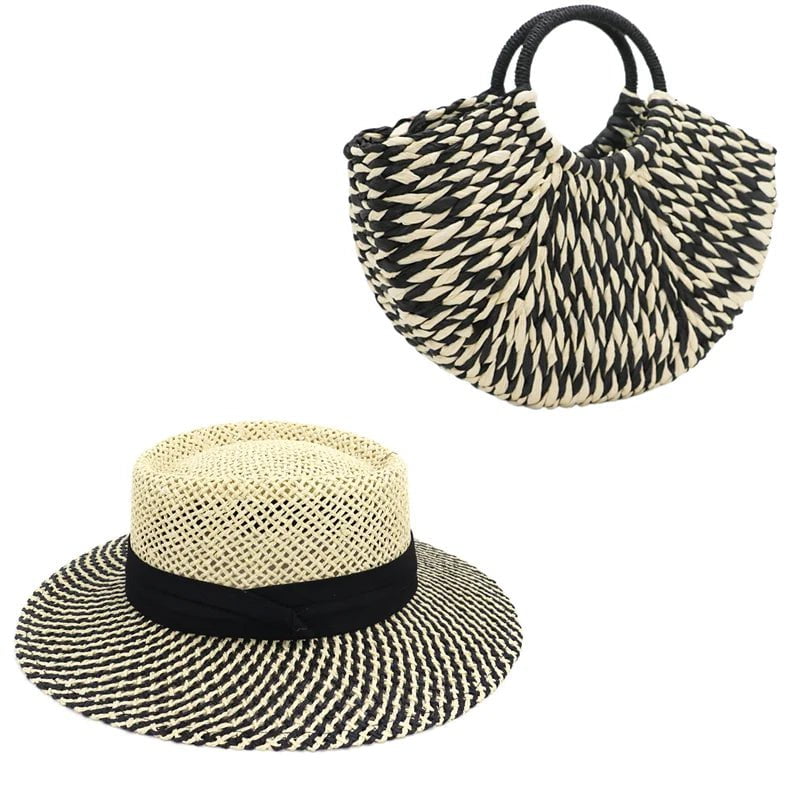 La boutique du chapeau Noir/blanc Ensemble de Chapeau et Sac en Paille