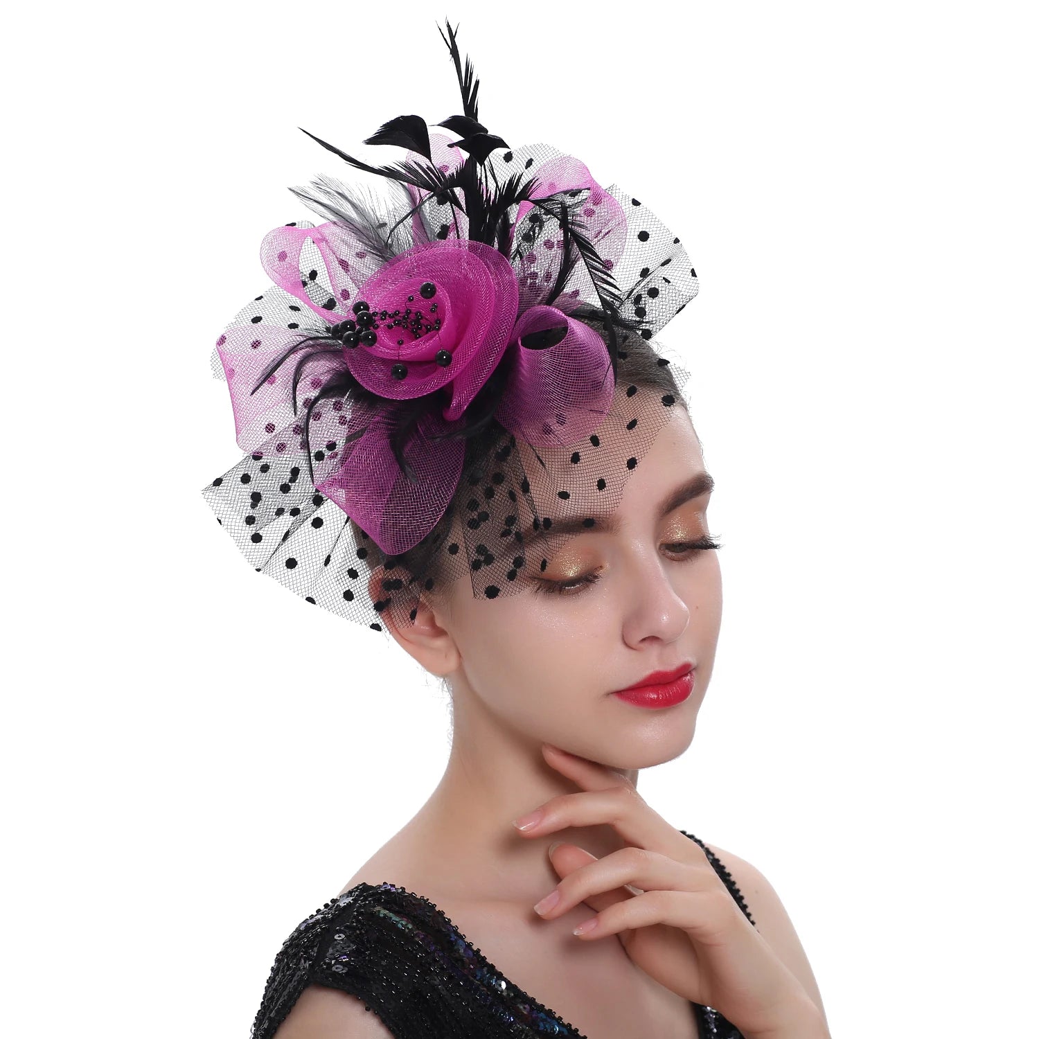 La boutique du chapeau Noir et rose/rouge Chapeau Bibi dentelle et fleurs