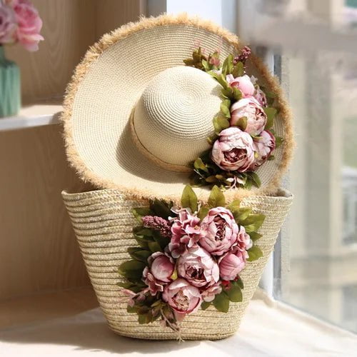 La boutique du chapeau Rose/beige Ensemble chapeau et sac en paille fait à la main