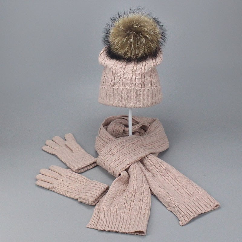 La boutique du chapeau Rose Ensemble 3 pièces avec pompon fourrure