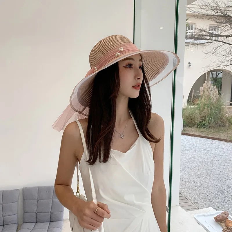 La boutique du chapeau Rose / M55-58cm Chapeau de paille perlé