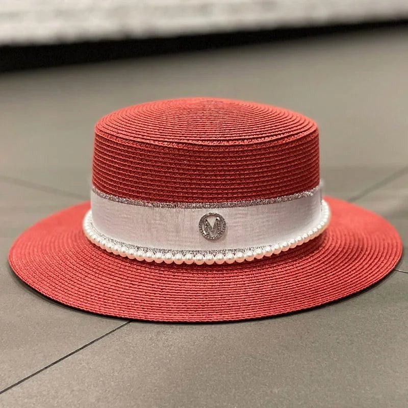 La boutique du chapeau Rouge / 56-58cm Chapeau de paille avec ruban et perle