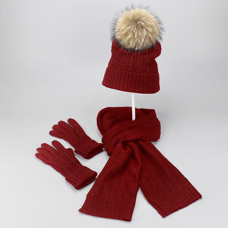 La boutique du chapeau Rouge Ensemble 3 pièces avec pompon fourrure