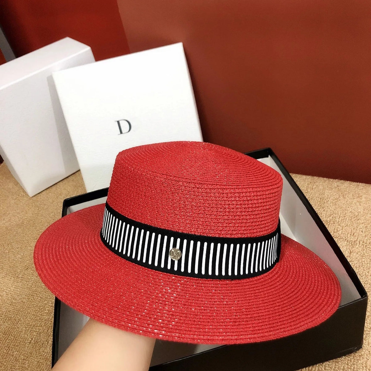 La boutique du chapeau Rouge / Taille unique Chapeau de paille rayé britannique
