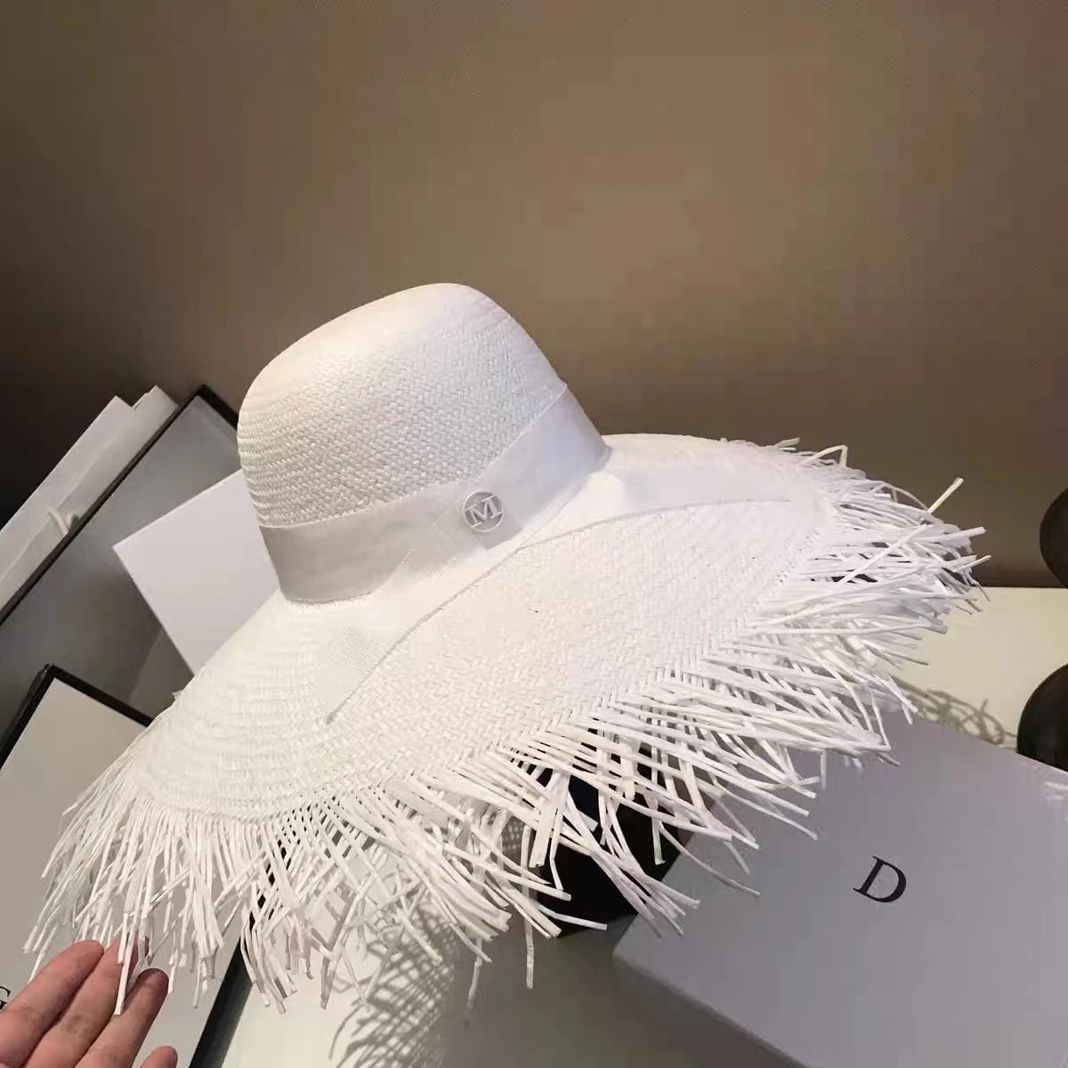 La boutique du chapeau Ruban M étiquette blanc Chapeau de soleil paille