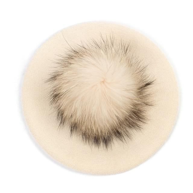 Paris-Chapeau béret Beige A Béret couleur unie pompon en fourrure