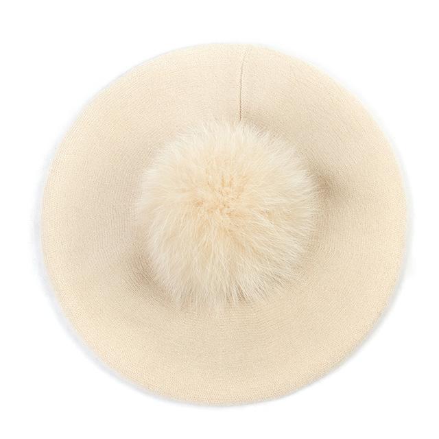 Paris-Chapeau béret Beige B Béret couleur unie pompon en fourrure