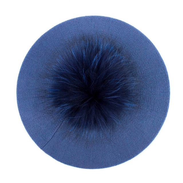 Paris-Chapeau béret Bleu A Béret couleur unie pompon en fourrure