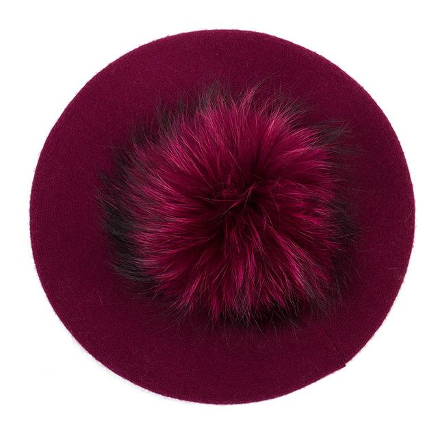 Paris-Chapeau béret Bordeaux A Béret couleur unie pompon en fourrure