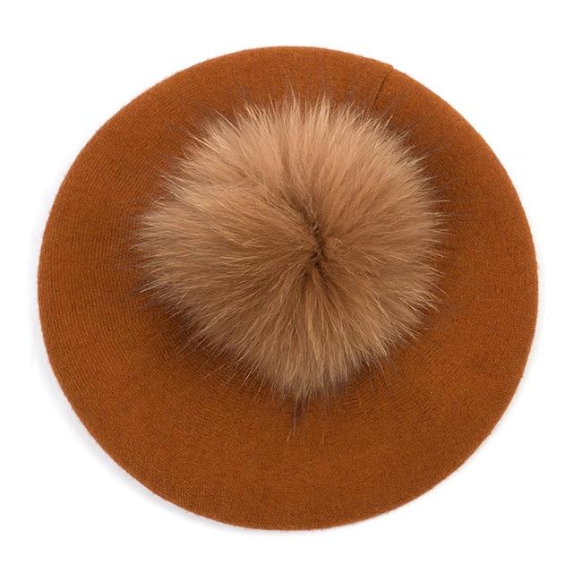 Paris-Chapeau béret Caramel A Béret couleur unie pompon en fourrure