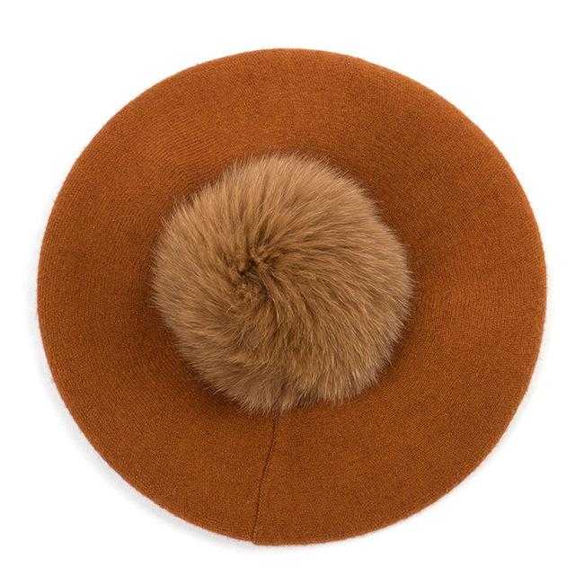 Paris-Chapeau béret Caramel B Béret couleur unie pompon en fourrure