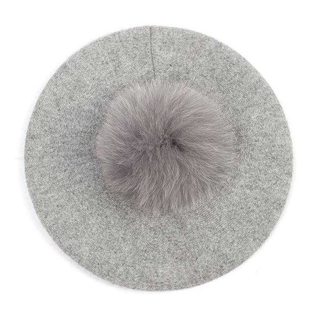 Paris-Chapeau béret Gris clair B Béret couleur unie pompon en fourrure