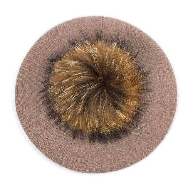 Paris-Chapeau béret Khaki A Béret couleur unie pompon en fourrure