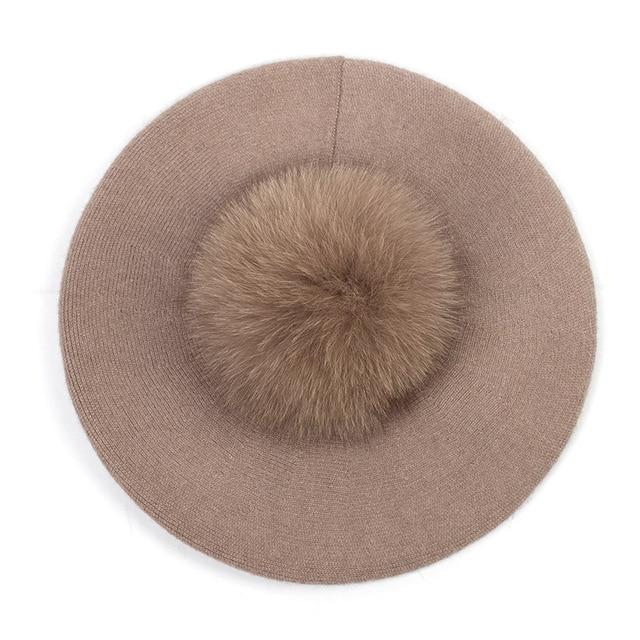 Paris-Chapeau béret Khaki B Béret couleur unie pompon en fourrure